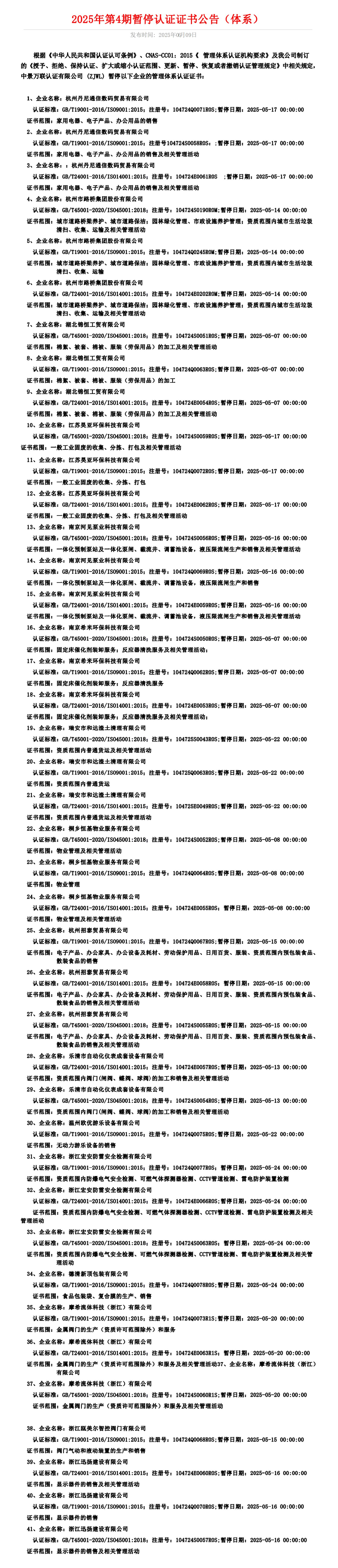 2025年第4期暂停认证证书公告（体系）