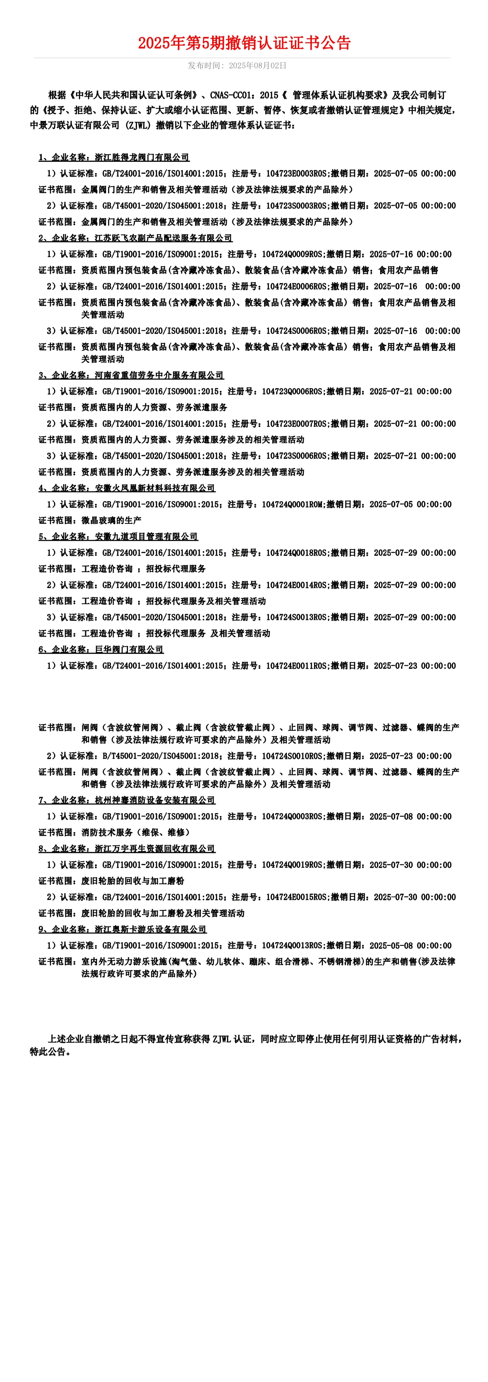 2025年第5期撤销认证证书公告  