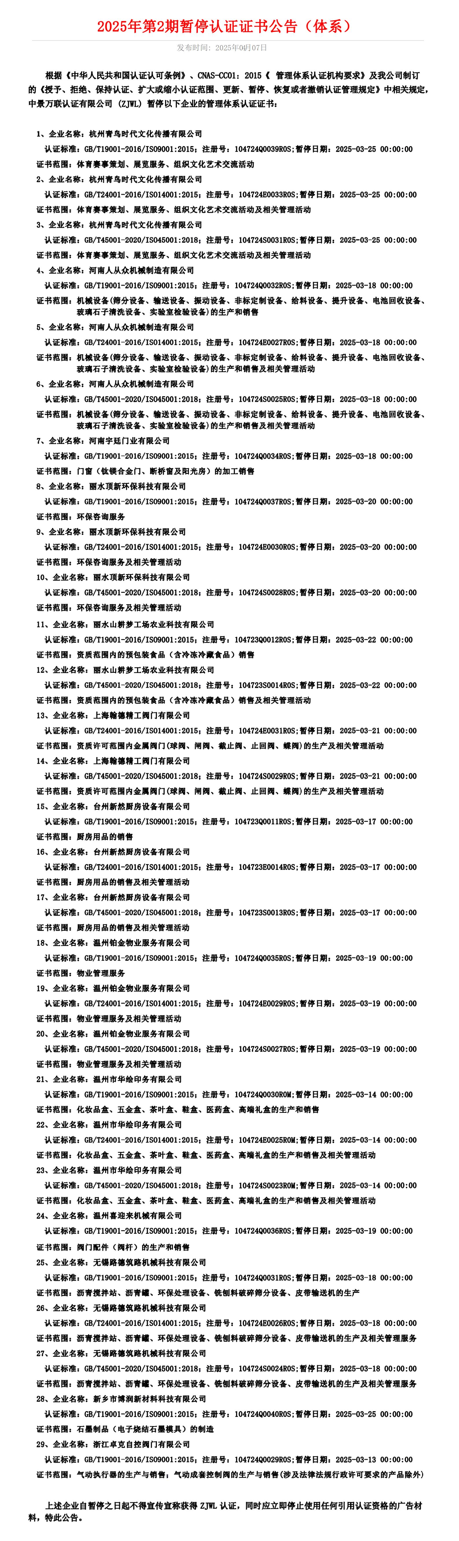 2025年第2期暂停认证证书公告