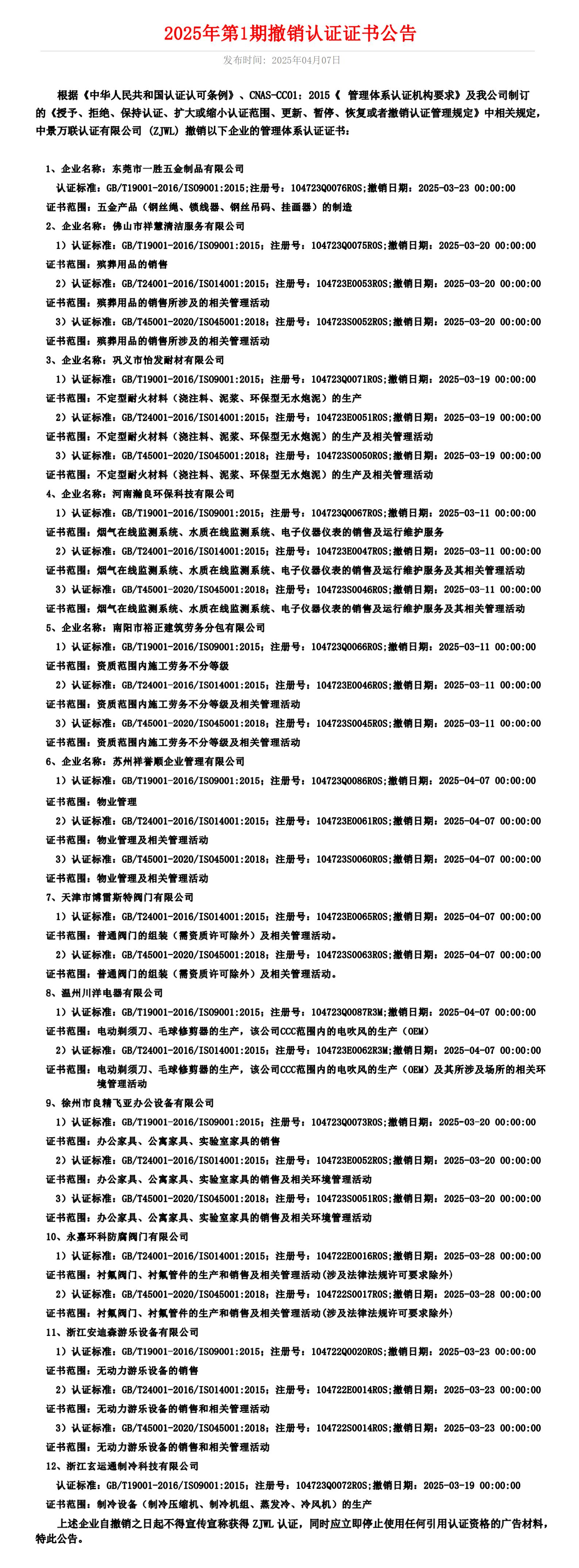 2025年第1期撤销认证证书公告
